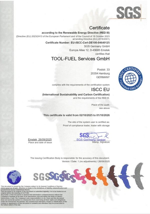 TOOL-FUEL ISCC Zertifikat 2026, geprüft von SGS